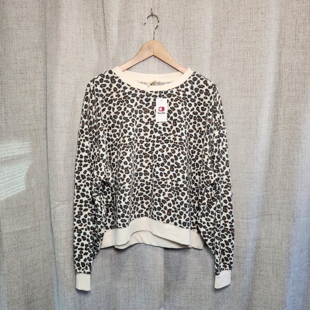 White Crow Buckle Cropped‎ Sweatshirt Women's XL Animal Print Long Wide Sleeve
